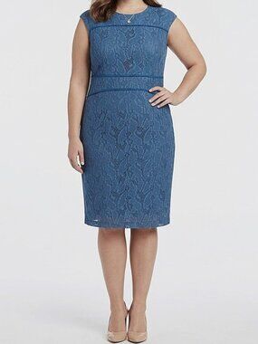 Anne Klein Twilight Blue Textured Crew Neck Shift Dress- Sz. 14